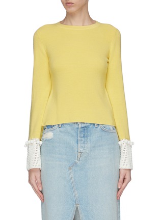 Main View - Click To Enlarge - STAUD - 'Leo' pompom trim crochet knit cuff cropped sweater
