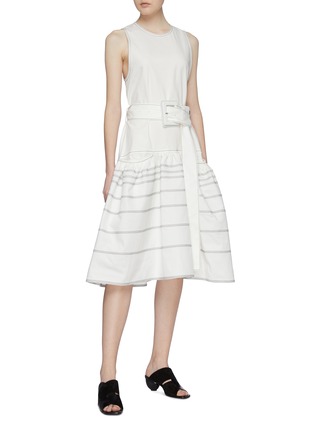 Figure View - Click To Enlarge - PROENZA SCHOULER - Belted contrast topstitching sleeveless twill peplum dress