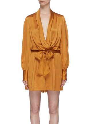 Main View - Click To Enlarge - ZIMMERMANN - Belted ruched drape silk satin wrap rompers