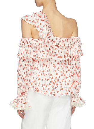 Back View - Click To Enlarge - SELF-PORTRAIT - Ditsy floral print ruffle trim one-shoulder top