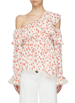 Main View - Click To Enlarge - SELF-PORTRAIT - Ditsy floral print ruffle trim one-shoulder top