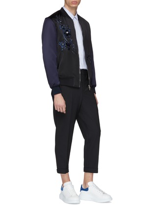 Figure View - Click To Enlarge - ALEXANDER MCQUEEN - Floral embroidered colourblock sleeve cotton-silk bomber jacket