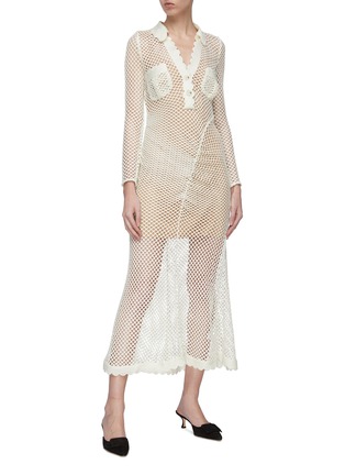 Figure View - Click To Enlarge - SELF-PORTRAIT - Fishnet crochet lace panelled maxi shirt dress