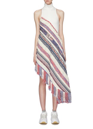 Main View - Click To Enlarge - ANGEL CHEN - Patchwork fringe asymmetric high neck sleeveless dress