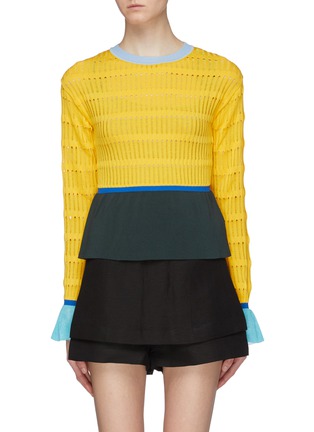 Main View - Click To Enlarge - ZI II CI IEN - Contrast flared cuffs perforated knit peplum top