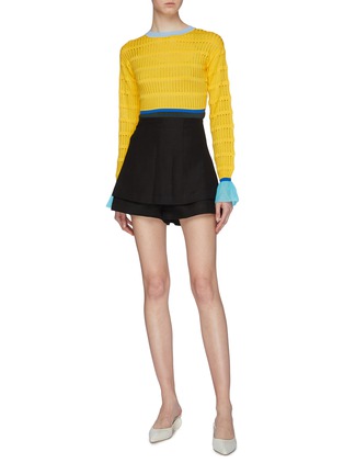 Figure View - Click To Enlarge - ZI II CI IEN - Contrast flared cuffs perforated knit peplum top