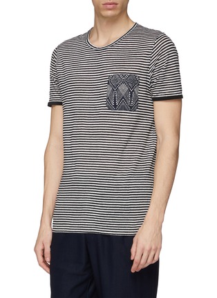 Front View - Click To Enlarge - EIDOS - Graphic print chest pocket stripe linen T-shirt
