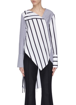Main View - Click To Enlarge - MONSE - Asymmetric drape mix stripe panelled shirt