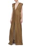 Detail View - Click To Enlarge - ZAID AFFAS - Belted padded shoulder metallic V-neck gown