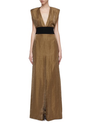 Main View - Click To Enlarge - ZAID AFFAS - Belted padded shoulder metallic V-neck gown