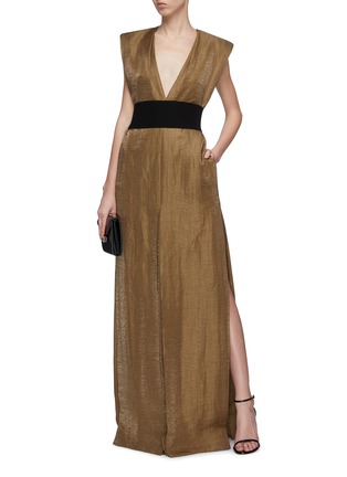 Figure View - Click To Enlarge - ZAID AFFAS - Belted padded shoulder metallic V-neck gown