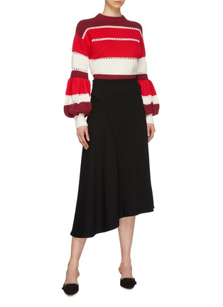 Figure View - Click To Enlarge - SELF-PORTRAIT - Pleated puff sleeve open knit trim stripe sweater