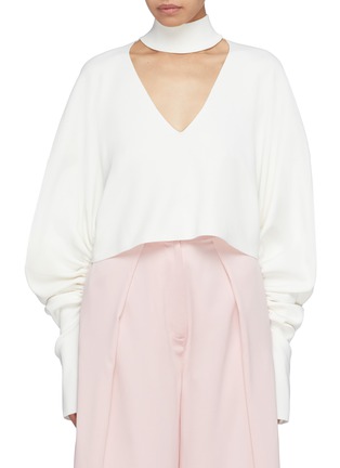 Main View - Click To Enlarge - SOLACE LONDON - 'Samara' reversible ruched sleeve mock neck cropped sweater
