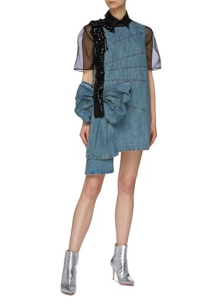 Figure View - Click To Enlarge - MIU MIU - Embellished shoulder oversized bow panelled sleeveless denim dress
