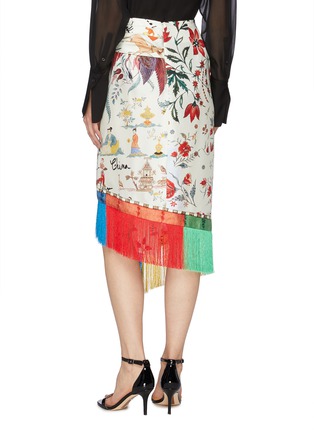 Back View - Click To Enlarge - OSCAR DE LA RENTA - Colourblock fringe graphic print asymmetric silk twill skirt