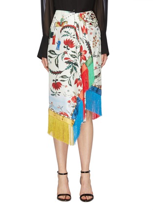 Main View - Click To Enlarge - OSCAR DE LA RENTA - Colourblock fringe graphic print asymmetric silk twill skirt