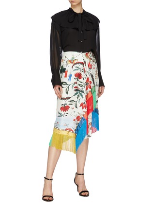 Figure View - Click To Enlarge - OSCAR DE LA RENTA - Colourblock fringe graphic print asymmetric silk twill skirt