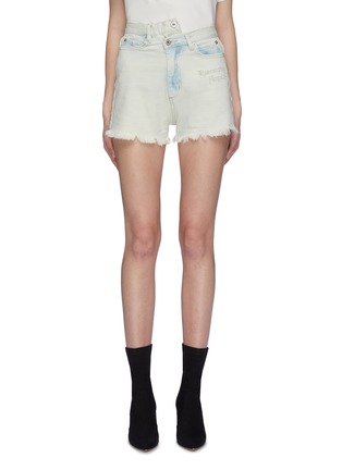 Main View - Click To Enlarge - GROUND ZERO - 'Descending Angel' slogan print asymmetric denim shorts