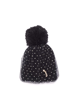 Main View - Click To Enlarge - VENNA - Detachable pin dot tulle overlay pompom knit beanie