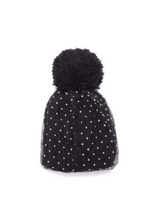 Figure View - Click To Enlarge - VENNA - Detachable pin dot tulle overlay pompom knit beanie