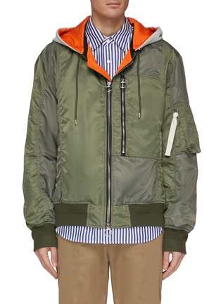 Main View - Click To Enlarge - SOLID HOMME - Detachable contrast hood patchwork bomber jacket