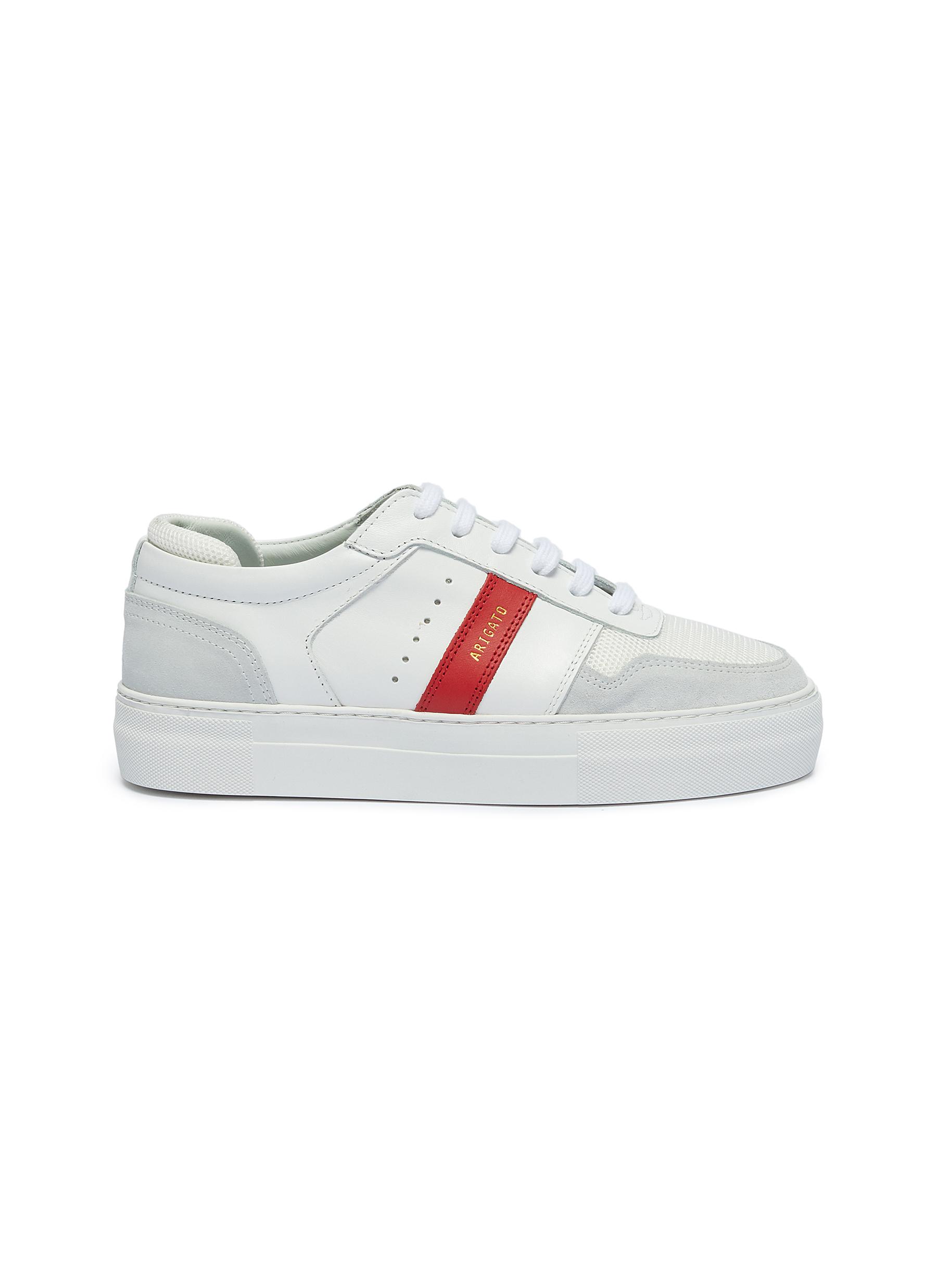 red and white platform sneakers