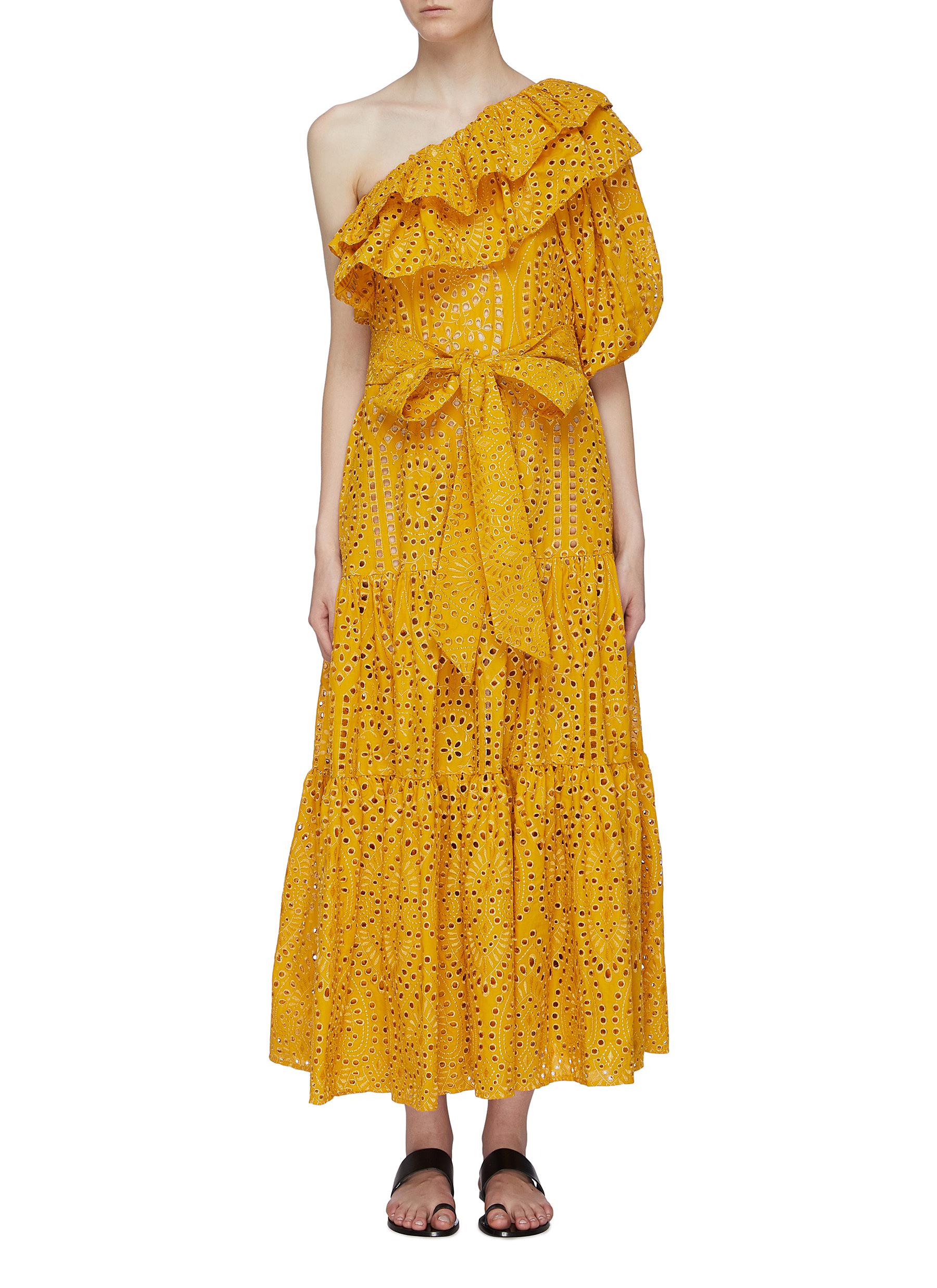 Arden belted ruffle broderie anglaise one-shoulder dress by Lisa Marie Fernandez