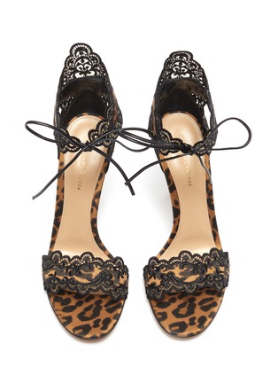 Detail View - Click To Enlarge - GIANVITO ROSSI - 'Evie' ankle tie lace trim leopard print satin sandals