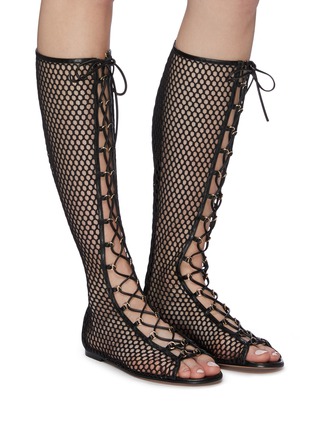Figure View - Click To Enlarge - GIANVITO ROSSI - 'Helena' lace-up knee high fishnet sandals