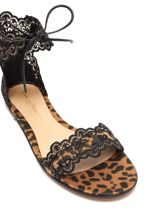 Detail View - Click To Enlarge - GIANVITO ROSSI - 'Evie' ankle tie lace trim leopard print satin sandals