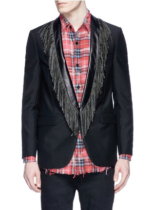 Main View - Click To Enlarge - SAINT LAURENT - Leather stud fringe lapel Mohair-wool blazer