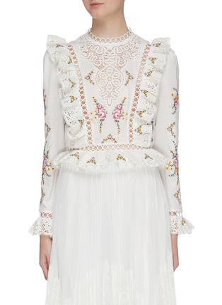 Main View - Click To Enlarge - ZIMMERMANN - 'Allia' ruffle floral embroidered cropped top