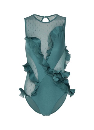 Main View - Click To Enlarge - ZIMMERMANN - 'Veneto' asymmetric ruffle mesh panel one-piece swimsuit