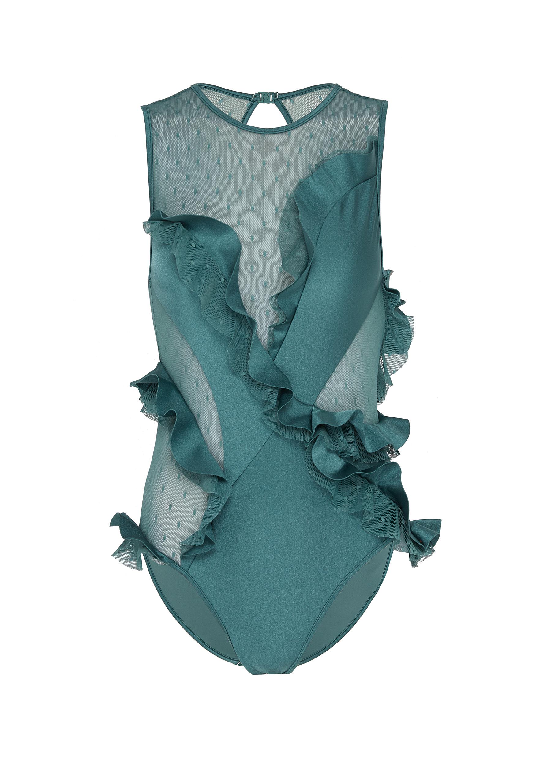 Veneto asymmetric ruffle mesh panel one-piece swimsuit by Zimmermann