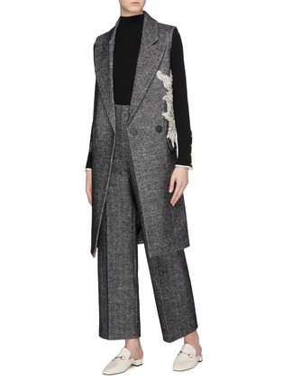 Figure View - Click To Enlarge - COMME MOI - Embellished floral appliqué herringbone long gilet