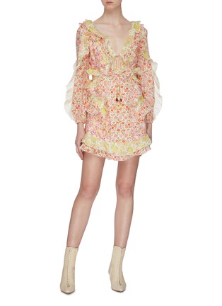Figure View - Click To Enlarge - ZIMMERMANN - 'Goldie' cutout side ruffle patchwork floral print linen dress