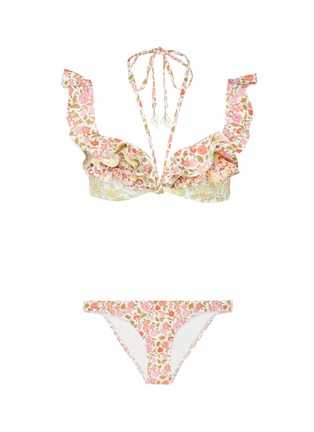 Main View - Click To Enlarge - ZIMMERMANN - 'Goldie' halter tie ruffle trim floral print bikini top