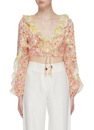 Main View - Click To Enlarge - ZIMMERMANN - Goldie' ruffle patchwork floral print linen cropped top