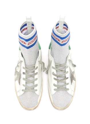 Detail View - Click To Enlarge - GOLDEN GOOSE - 'Superstar' metallic sock knit panel leather sneakers