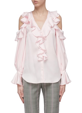 Main View - Click To Enlarge - ALEXANDER MCQUEEN - Ruffle cold shoulder satin top