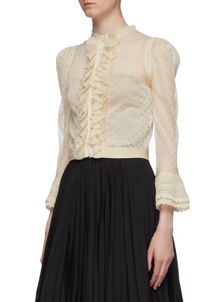 Front View - Click To Enlarge - ALEXANDER MCQUEEN - Ruffle placket lace silk knit cardigan