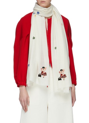 Figure View - Click To Enlarge - JANAVI - 'Ms. Piggy' graphic embroidered Merino wool scarf