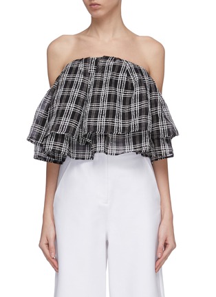 Main View - Click To Enlarge - C/MEO COLLECTIVE - 'Captivate' tiered ruffle check plaid strapless cropped top