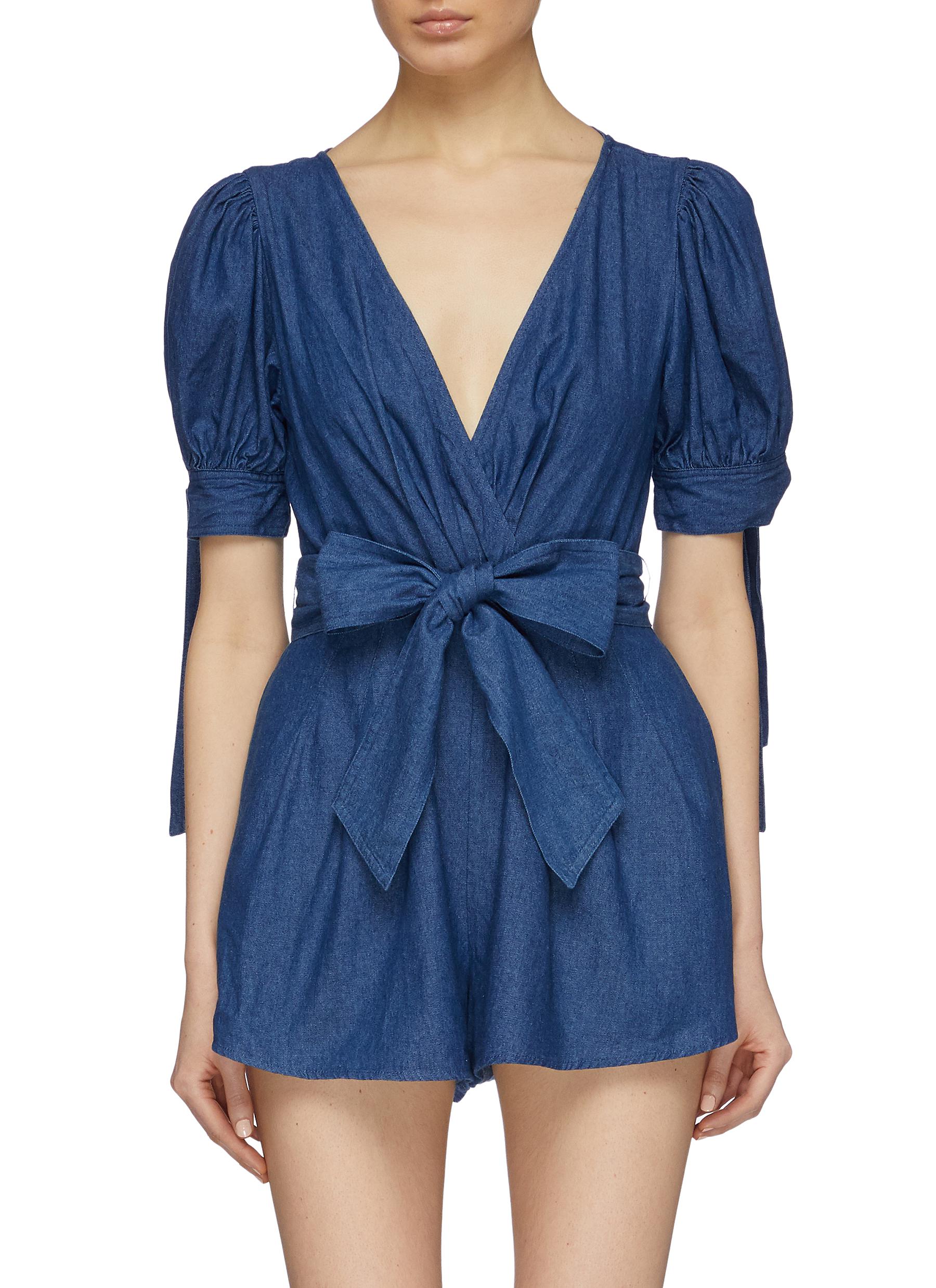 Kind To You cross back puff sleeve denim rompers by C/Meo Collective