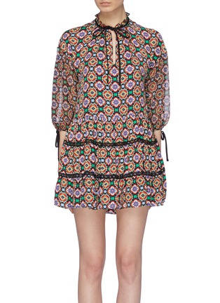 Main View - Click To Enlarge - ALICE & OLIVIA - 'Arnette' tie neck graphic print tiered tunic dress