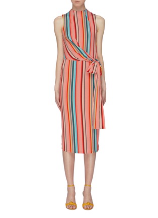Main View - Click To Enlarge - ALICE & OLIVIA - 'Delora' sash tie waist stripe high neck dress
