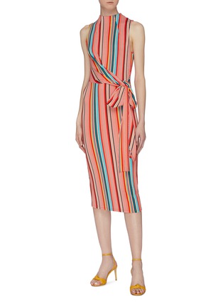 Figure View - Click To Enlarge - ALICE & OLIVIA - 'Delora' sash tie waist stripe high neck dress