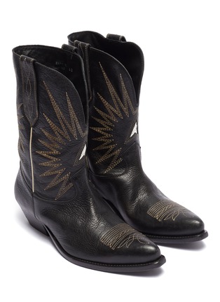 Detail View - Click To Enlarge - GOLDEN GOOSE - 'Wish Star' contrast geometric topstitching distressed leather boots