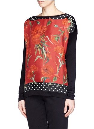 Front View - Click To Enlarge - - - Carnation print silk front cashmere sweater