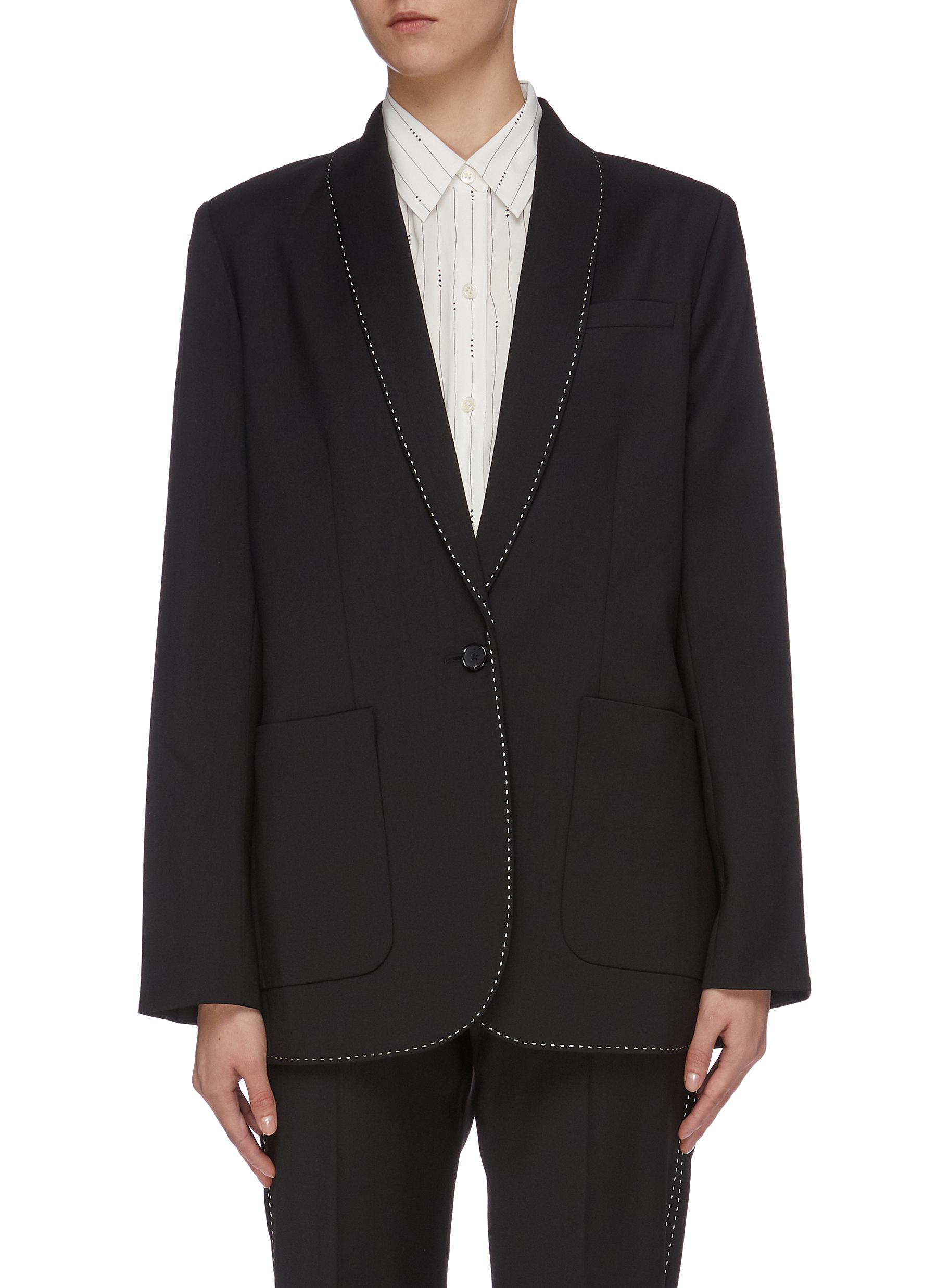 Click to view more detailed imagery on our partner's website Equipment 'Matthieu' Contrast Topstitching Shawl Lapel Wool Blazer In True Black